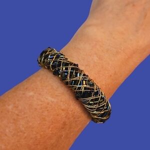 HANDMADE Metallic Midnight Blue Wire Wrapped Crystal Bead Cuff Bracelet